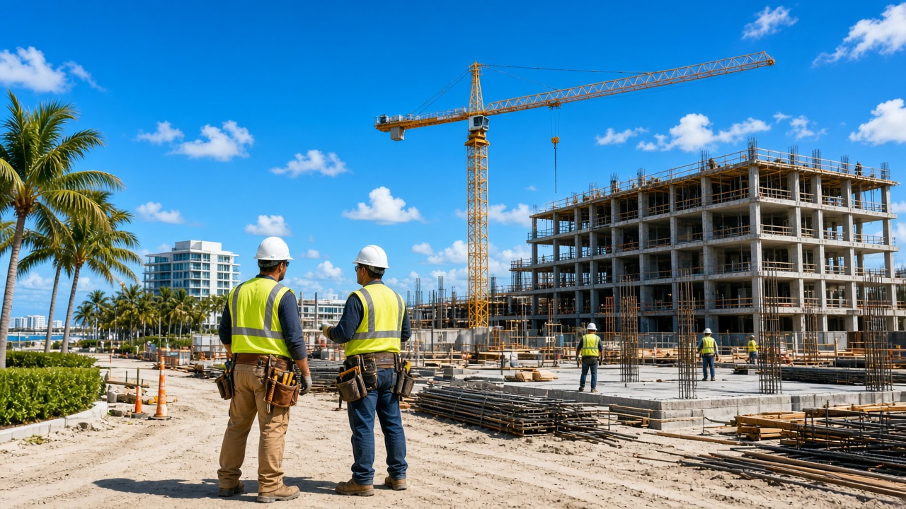South Florida construction site with crane and safety crew