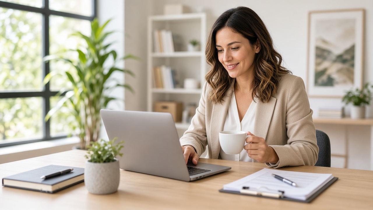 Accountant working on a laptop in a bright modern office