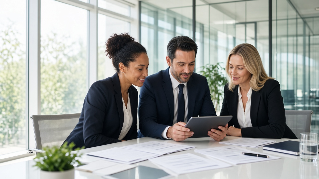Attorneys collaborating in a bright modern conference room
