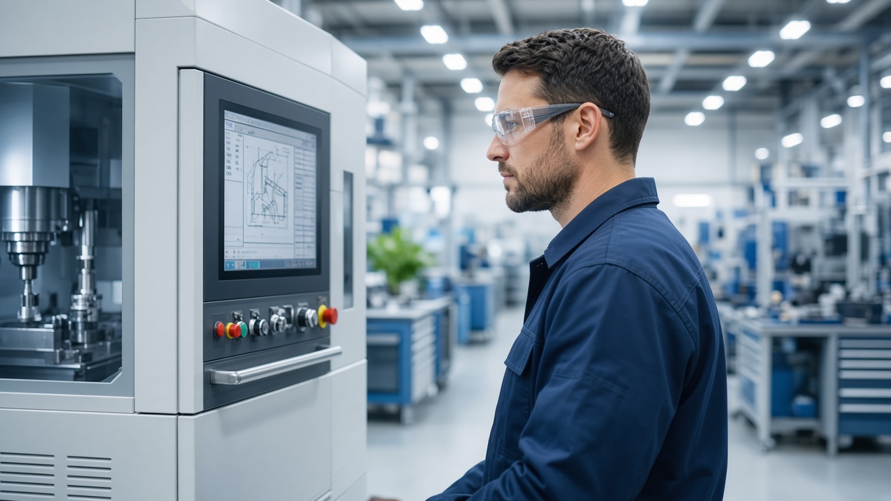 Technician monitoring a CNC machine on a modern factory floor